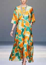 Orange Print Draping Silk Holiday Dress Oversized Summer