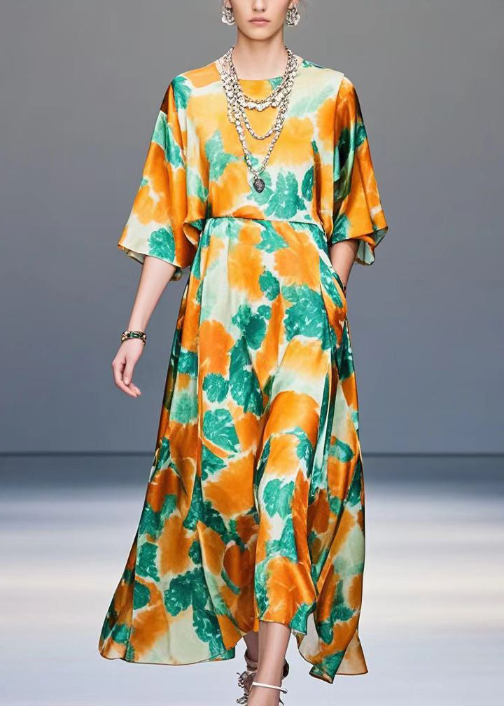 Orange Print Draping Silk Holiday Dress Oversized Summer