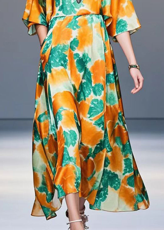 Orange Print Draping Silk Holiday Dress Oversized Summer