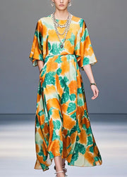 Orange Print Draping Silk Holiday Dress Oversized Summer