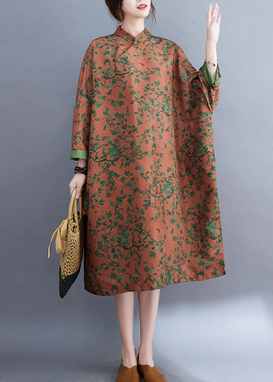 Orange Print Linen Long Dress Oversized Mandarin Collar Spring