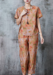 Orange Print Linen Women Sets 2 Pieces Oversized Summer