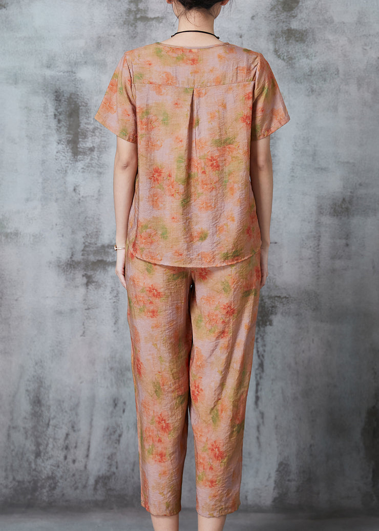 Orange Print Linen Women Sets 2 Pieces Oversized Summer