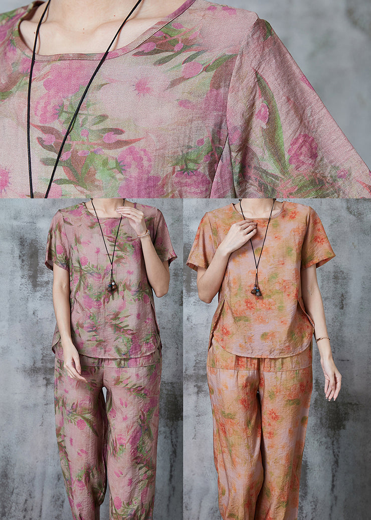 Orange Print Linen Women Sets 2 Pieces Oversized Summer