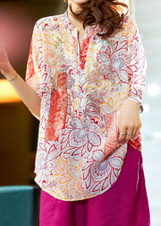 Orange Print Patchwork Chiffon Top O Neck Half Sleeve