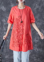 Orange Red Linen Mid Dresses Embroideried Summer