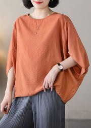 Orange Solid Linen Loose Tank Top O-Neck Batwing Sleeve