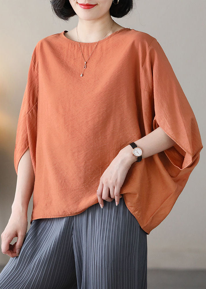 Orange Solid Linen Loose Tank Top O-Neck Batwing Sleeve