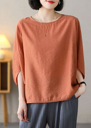 Orange Solid Linen Loose Tank Top O-Neck Batwing Sleeve