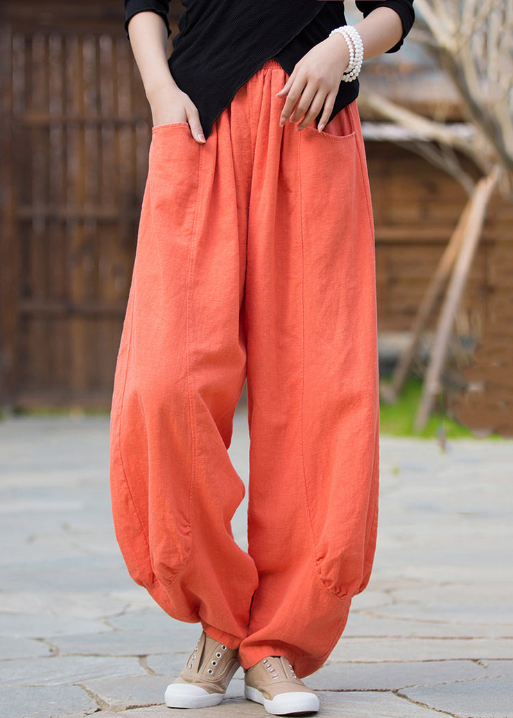 Orange Solid Pockets Linen Pants High Waist