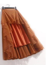 Orange Solid Wrinkled Tulle Summer Skirts High Waist