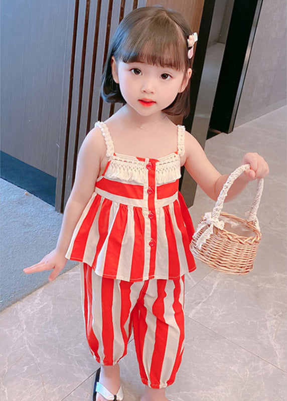 Orange Striped Slash Neck Patchwork Cotton Kids Two Pieces Set Sleeveless