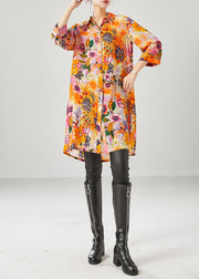 Orange Yellow Floral Chiffon Long Shirt Oversized Bracelet Sleeve