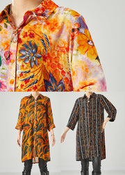 Orange Yellow Floral Chiffon Long Shirt Oversized Bracelet Sleeve