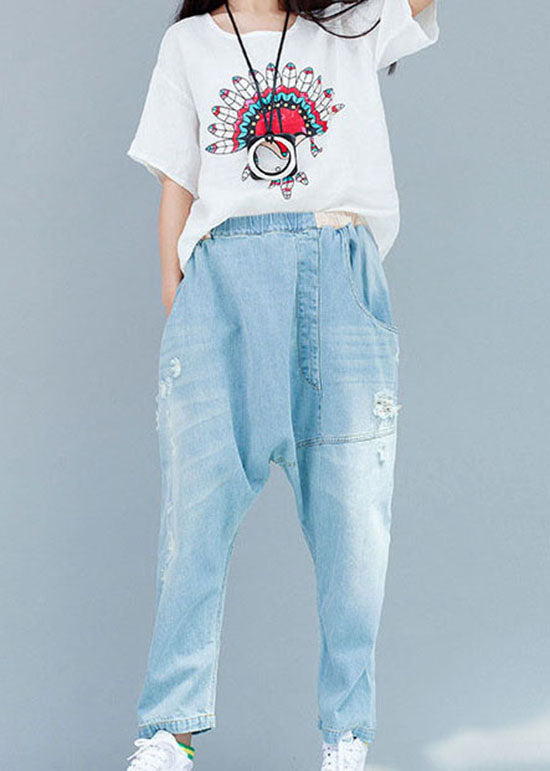 Organic Baby Blue Asymmetrical Design Patchwork Denim Pants Spring