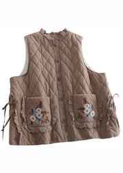 Organic Beige Embroidered Ruffled Patchwork Tie Waist Waistcoat Winter