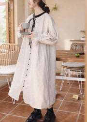 Organic Beige Lace Up Button Patchwork Linen Dress Lantern Sleeve