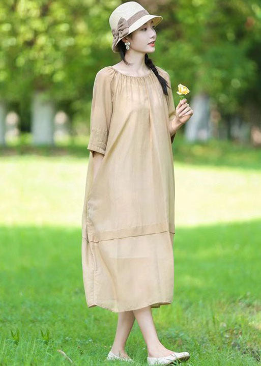 Organic Beige O-Neck Wrinkled Patchwork Linen Two Pieces Set Dress Summer