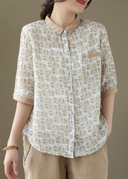 Organic Beige Peter Pan Collar Button Patchwork Linen Top Summer