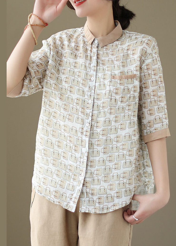 Organic Beige Peter Pan Collar Button Patchwork Linen Top Summer