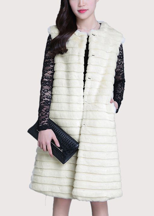 Organic Beige Striped Warm Faux Fur Long Vest Winter