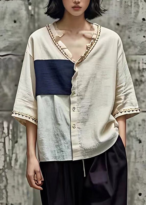 Organic Beige V Neck Ruffled Patchwork Shirts Summer