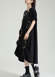 Organic Black Asymmetrical Wrinkled Patchwork Cotton Dress Summer