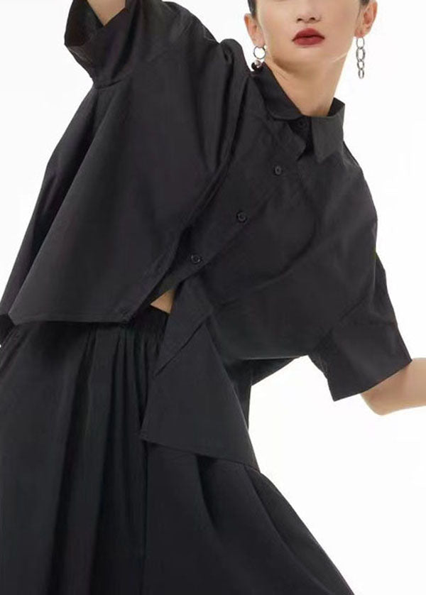 Organic Black Asymmetrical Wrinkled Side Open Cotton Shirt Summer