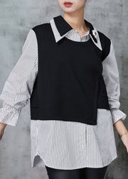 Organic Black Double-layer Patchwork Striped Cotton Top Spring