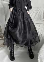 Organic Black Elastic Waist Layered Organza Maxi Skirt