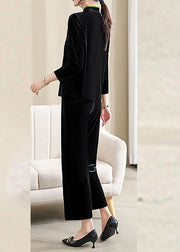 Organic Black Embroideried Button Silk Velour Two Piece Set Fall