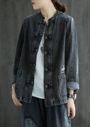 Organic Black Embroideried Patchwork Chinese Button Denim Coats Spring