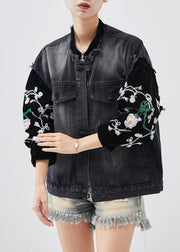 Organic Black Embroideried Patchwork Denim Jackets Spring