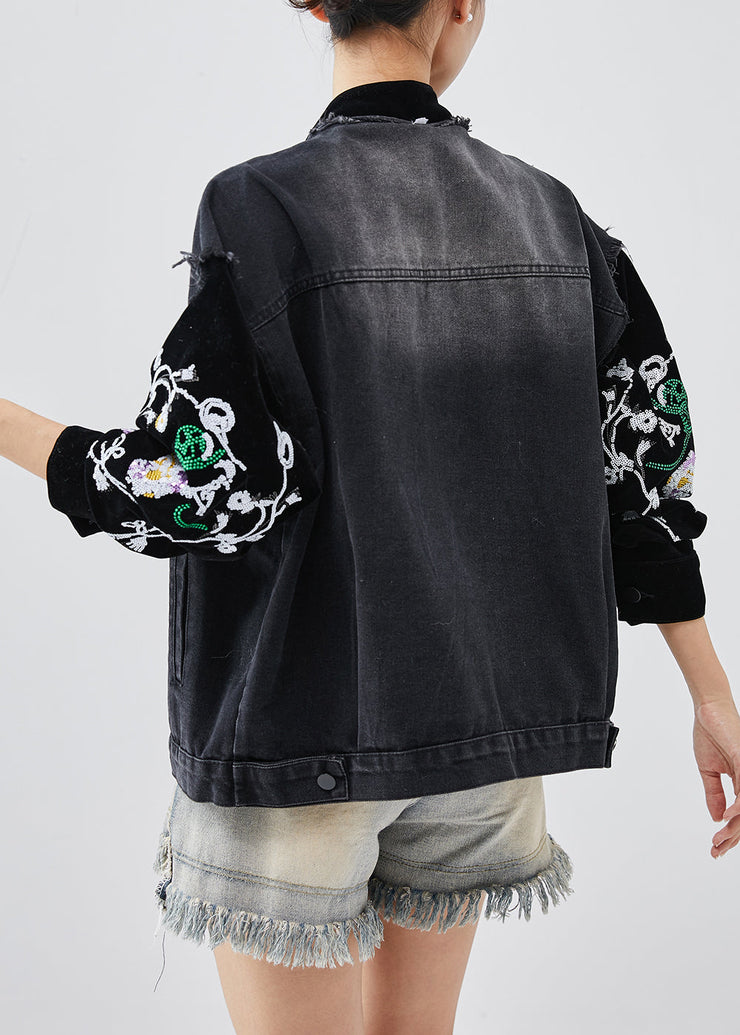 Organic Black Embroideried Patchwork Denim Jackets Spring