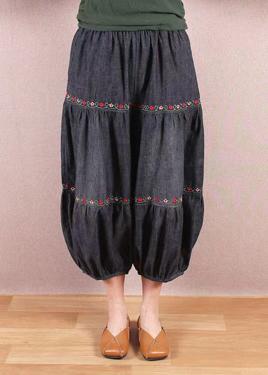 Organic Black Grey Embroidered Patchwork Denim Lantern Trousers Summer