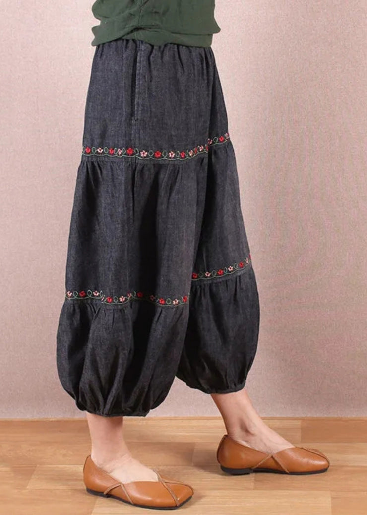 Organic Black Grey Embroidered Patchwork Denim Lantern Trousers Summer