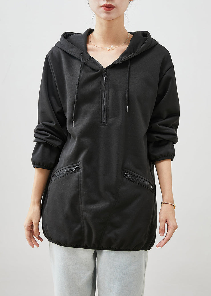 Organic Black Hooded Zippered Cotton Pullover Sweatshirt Spring