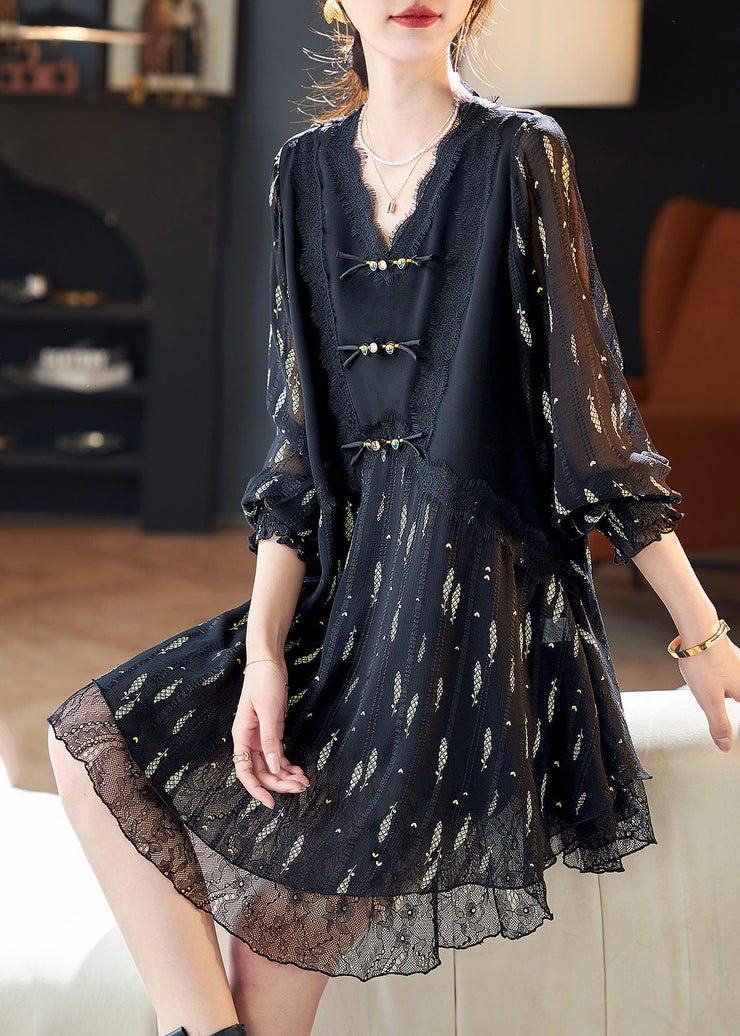 Organic Black Lace Print Button Fake Two Pieces Chiffon Mid Dress Fall