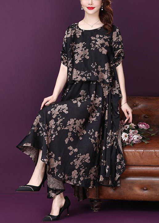 Organic Black O Neck Print Asymmetrical Design Silk Dress Summer