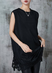 Organic Black Oversized Patchwork Lace Cotton Tanks Summer