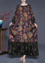 Organic Black Oversized Patchwork Silk Vacation Dresses Fall