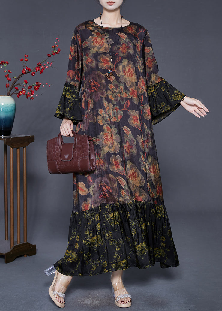 Organic Black Oversized Patchwork Silk Vacation Dresses Fall