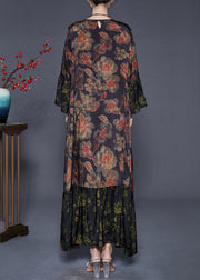 Organic Black Oversized Patchwork Silk Vacation Dresses Fall