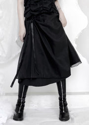 Organic Black Patchwork Wrinkled Tie Waist Tulle A Line Skirts Summer