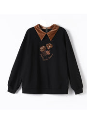 Organic Black Peter Pan Collar Embroidered Warm Fleece Top Fall