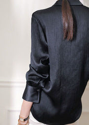 Organic Black Peter Pan Collar Wrinkled Patchwork Silk Shirts Spring