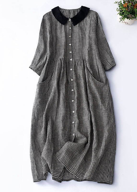 Polyester Blue Plaid Peter Pan Collar Patchwork Linen Dresses Summer