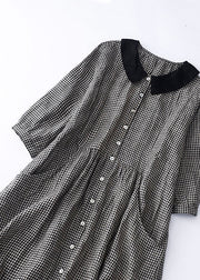 Polyester Blue Plaid Peter Pan Collar Patchwork Linen Dresses Summer