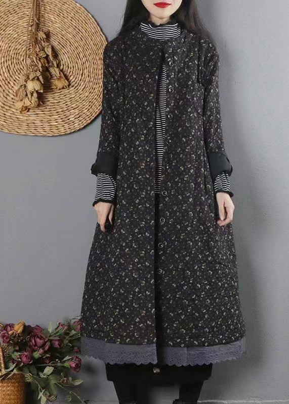 Organic Black Print Lace Patchwork Fine Cotton Filled Coat Winter