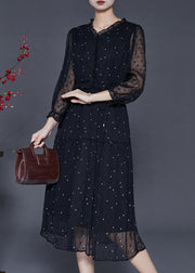 Organic Black Ruffled Embroidered Chiffon Cinched Dress Summer